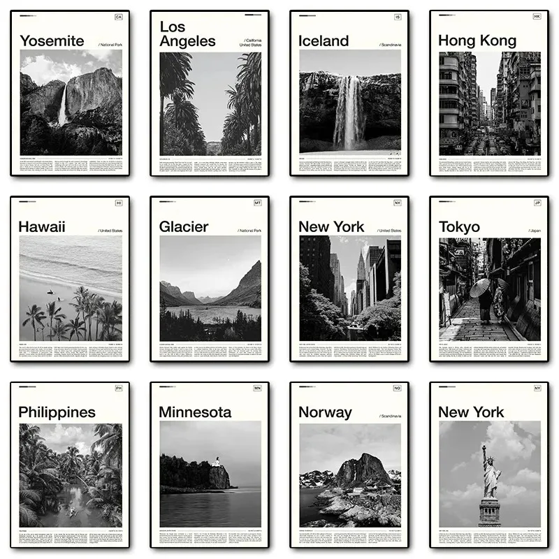 

Постер путешествий на холсте с изображением ледника Гавайского, Гонконга, Лос-Анджелеса, Филиппин, черно-белый