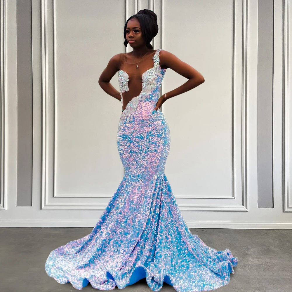 Sparkly Sequin Prom Dress Black Girl 2025 Blue Bodycon Long Beaded Crystal Mermaid Formal Prom Gown Sleeveless Customized