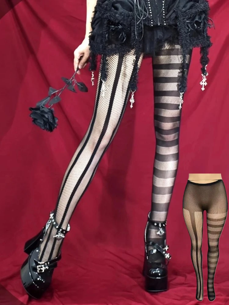 Vintage Gothic Dark Punk Style Sexy Pantyhose Goth Lolita Uniform Striped AB Asymmetric Hollow out Fishnet Tights Women 1-2 c