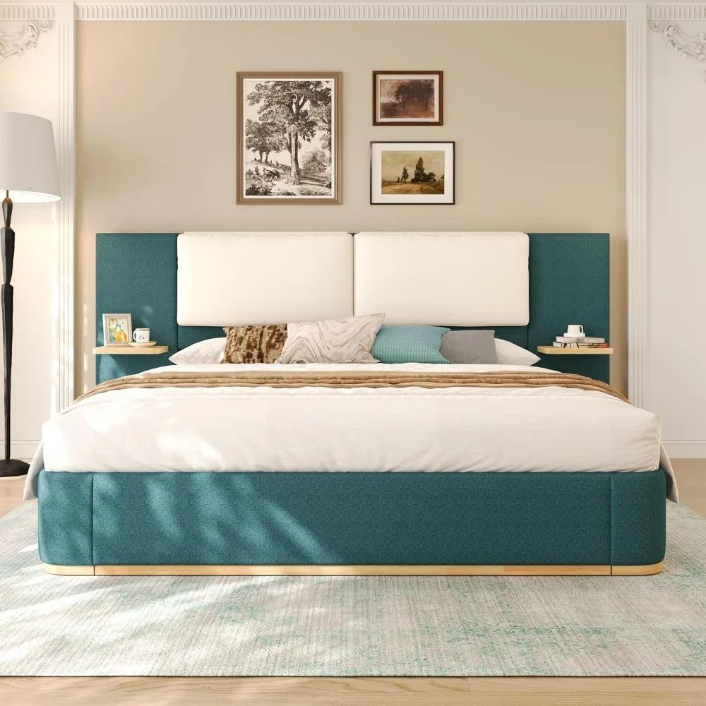 

Upholstered Platform Bed Frame with Storage Shelves,Soft PU Headboard,Anti-Collision Rounded Corners,Wood & Metal Slat