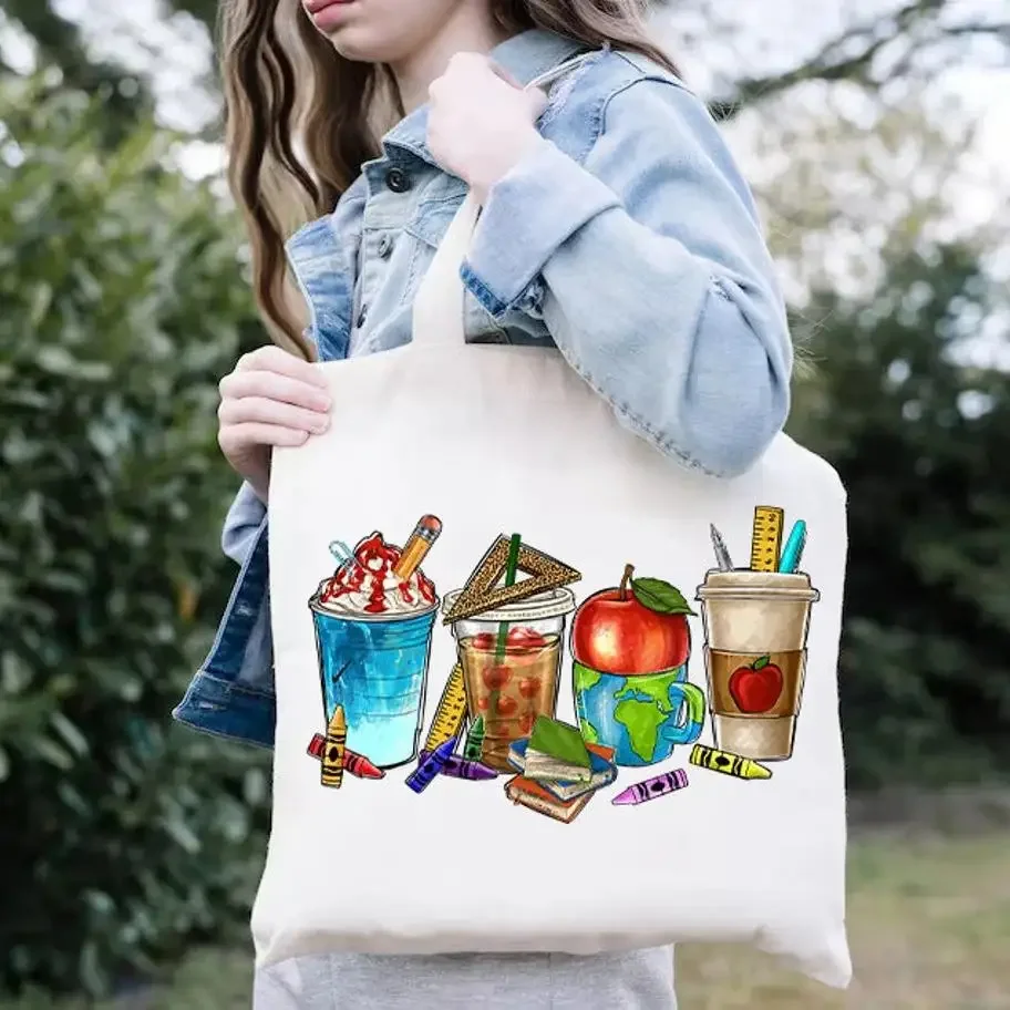 Cute Teacher Tote Bag, Book Bag, Teacher Apple Gift, Teacher Shoulder Bags, Drinks and Apple Design, Student Teacher Gift
