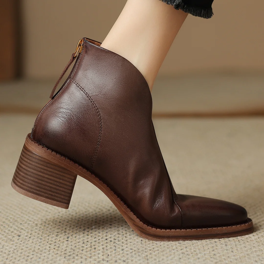 Women's genuine leather chunky heel pointed toe back zip autumn ankle boots high quality soft comfortable female short booties