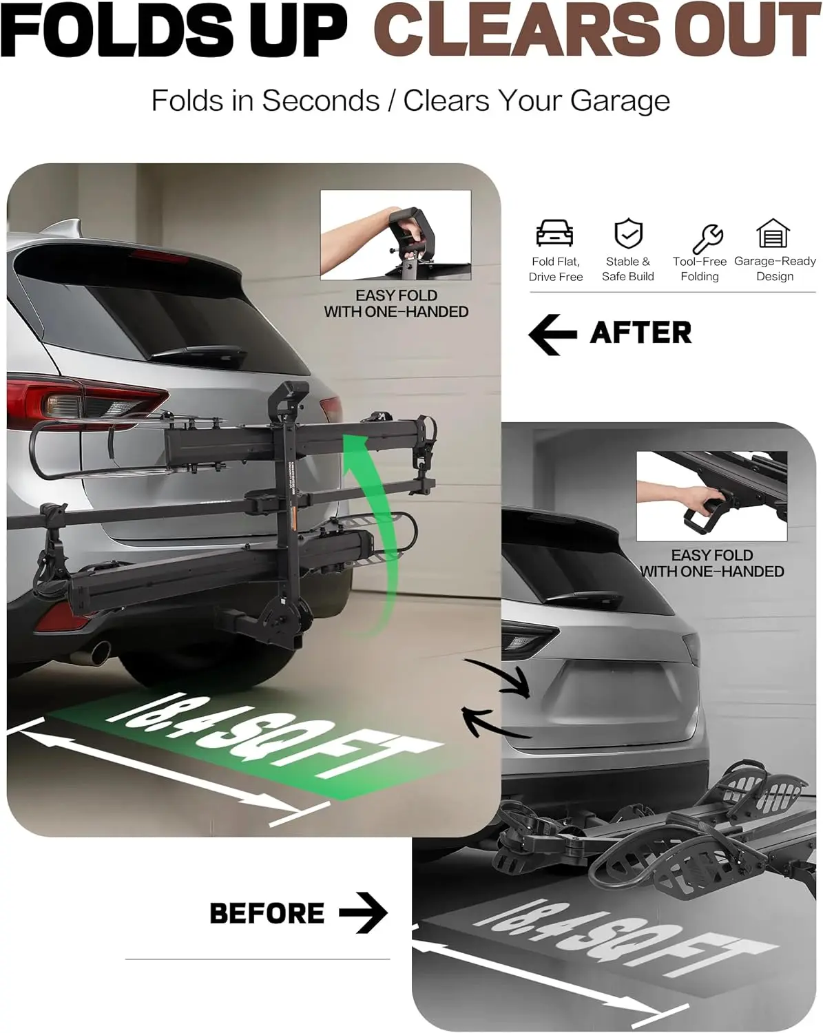 Foldable 2-Bike Rack with Ramp, 200 lbs Capacity, Hitch Mount for Cars SUVs Vans RVs