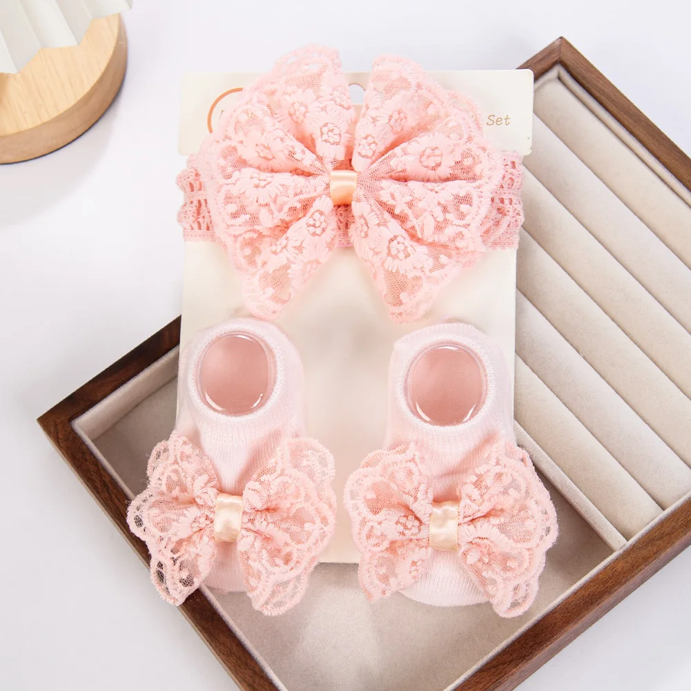1Set Cream Lace Baby Headbands&Socks for Newborn Princess Girls Wide Rhinstone Pearl Hairbands Kids Headwear Elastic Hairbands
