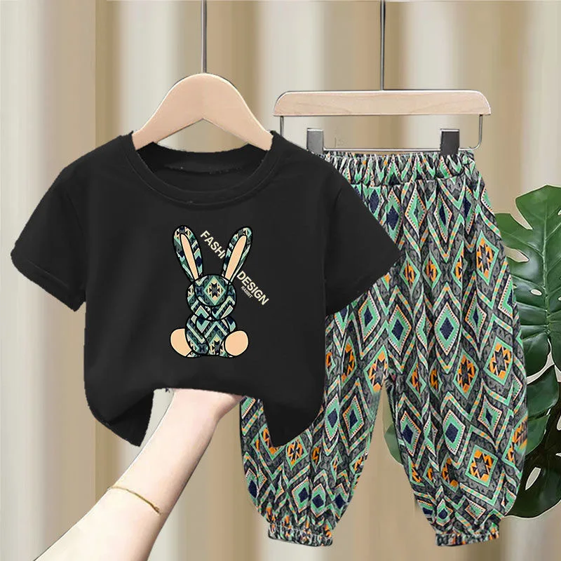 Baby Girls Clothes Set Summer Cartoon Rabbit T-shirts and Plaid Pants Suit Children Short Sleeve Top Bottom 2 Pieces Outfits