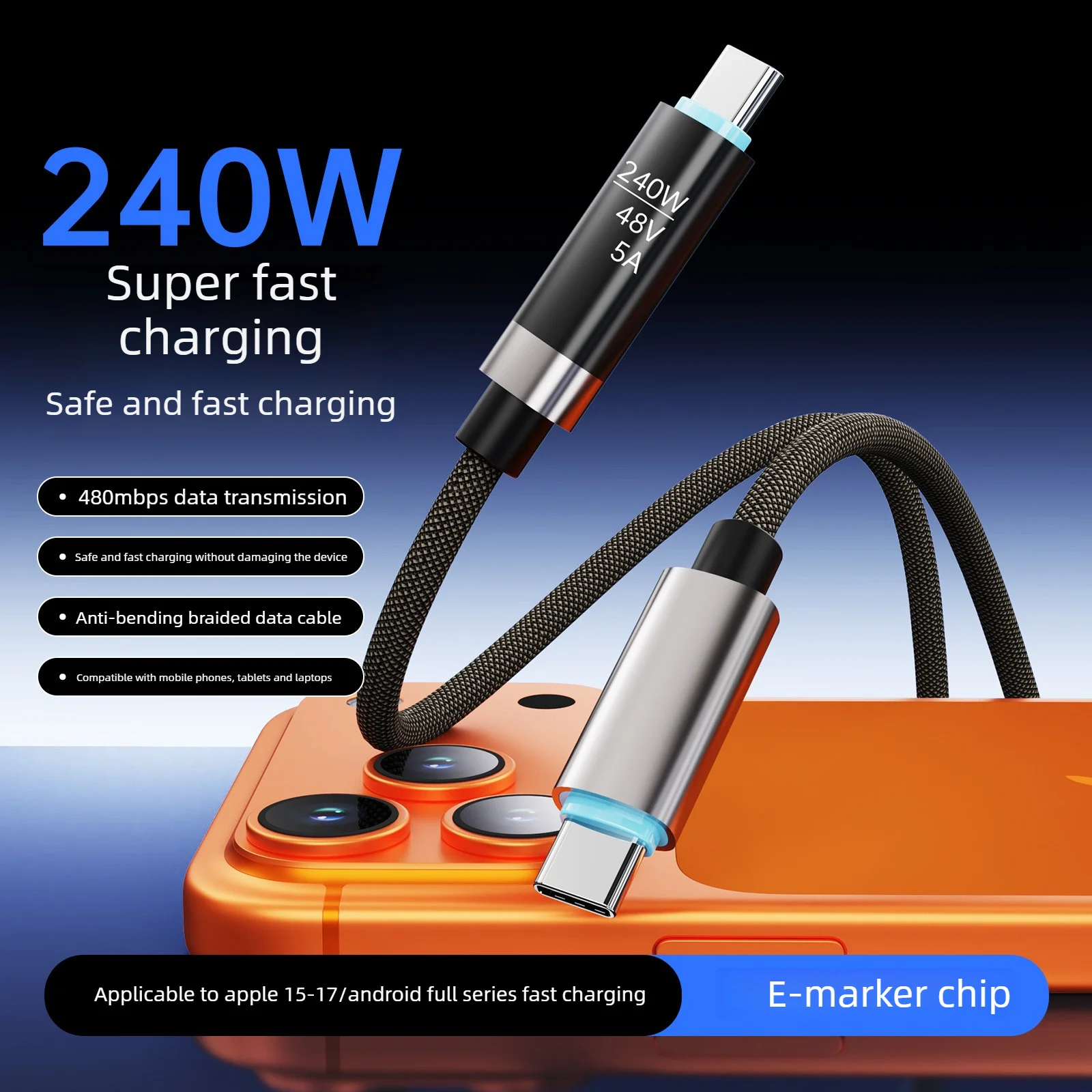 OLED high-definition digital display screen 240W C-C braided fast charging data cable suitable for Huawei/phone charging cable