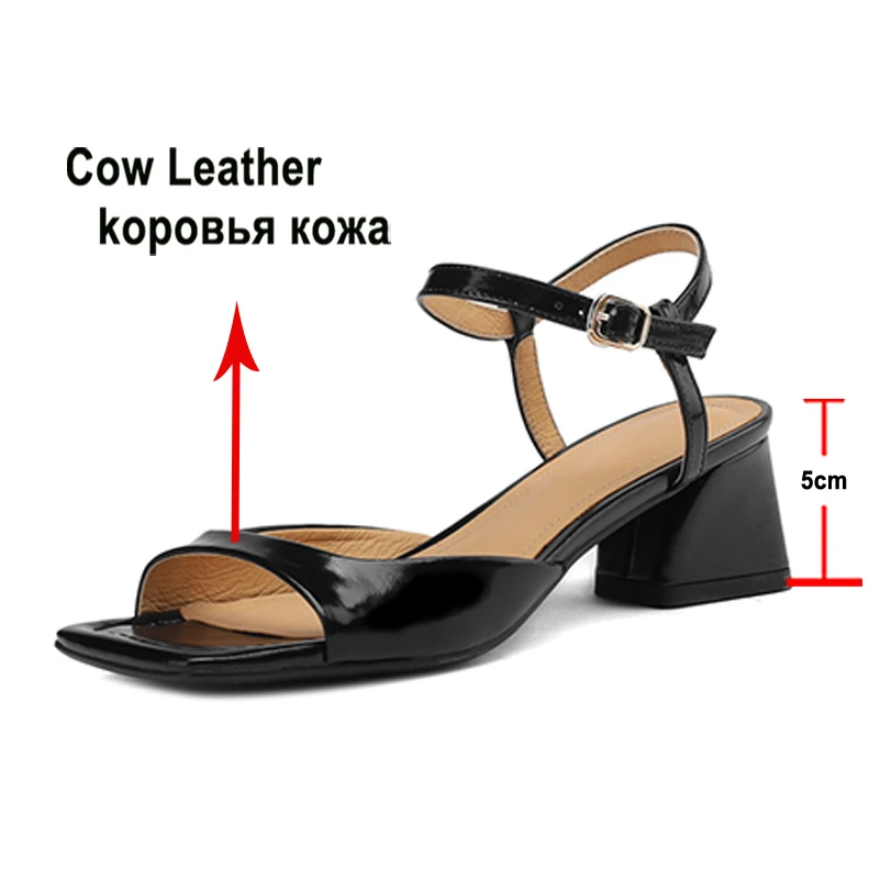 Meotina Women Genuine Leather Sandals Square Toe Thick Mid Heels Buckle Ladies Fashion Casual Shoes Summer Black Beige Wine Red