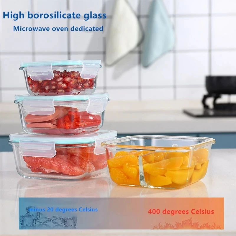 แก้วสดกล่อง Borosilicate สูงทนความร้อนเตาอบไมโครเวฟ Bento ตู้เย็นพิเศษชามมีฝาปิดภาชนะเก็บอาหาร