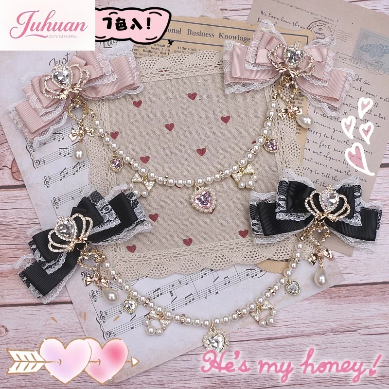 手作りの日本の女の子ロリータ風スイートレースエッジヘビーインダストリービッグボウクラウンペンダントビーズヘッドドレスヘアピンサイドクリップ（女性用）