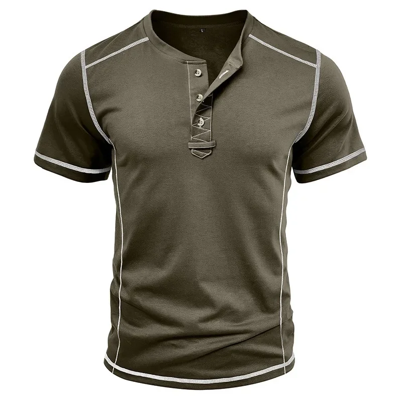 

Summer Men's Short Sleeve Henry Shirts Men's Round Neck T-shirt Snap Button Top for Men