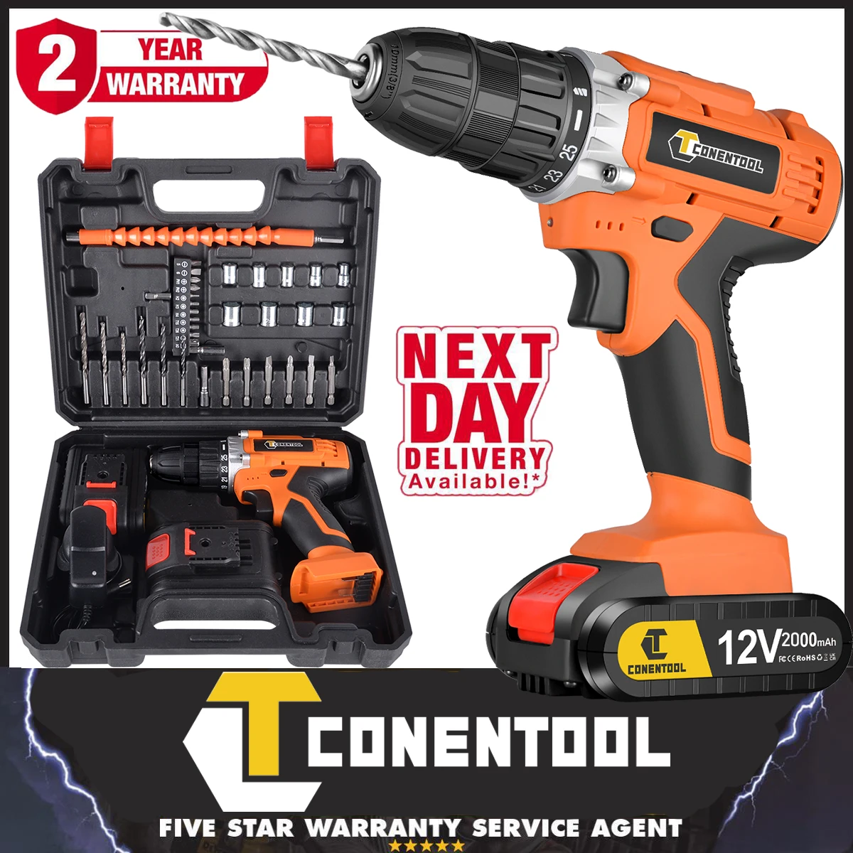 CONENTOOL 21V Cordless Drill 2 Battery Combi Driver High Power Electric Screwdriver Set