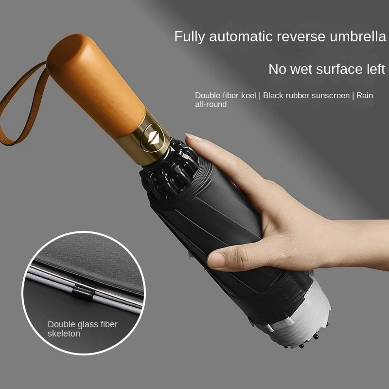 Fully Automatic Reverse Folding Umbrella with Solid Wood Handle and Engraved Vinyl Sunshade and Wind-resistant Folding Umbrella