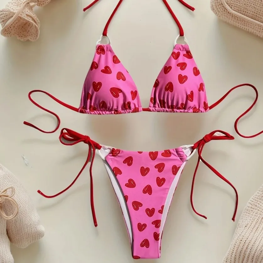 2025 новый европейский и американский купальник с разрезом на бретельках и принтом любви, бикини, бикини