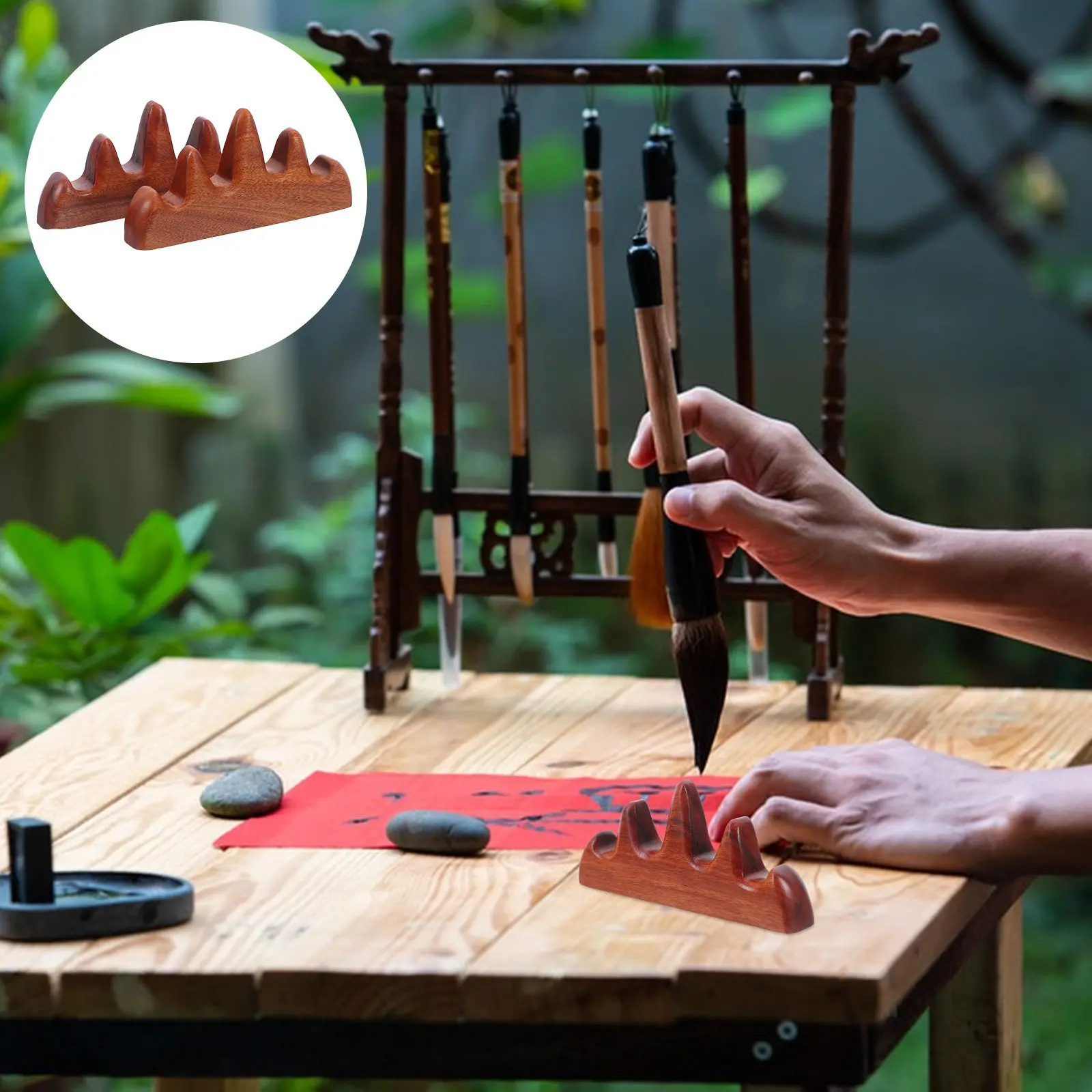 

2Pcs Rosewood Chinese Calligraphy Brush Holder Vintage Non Rolling Stand Painting Drawing Art Pens Rest Support Mountain Design