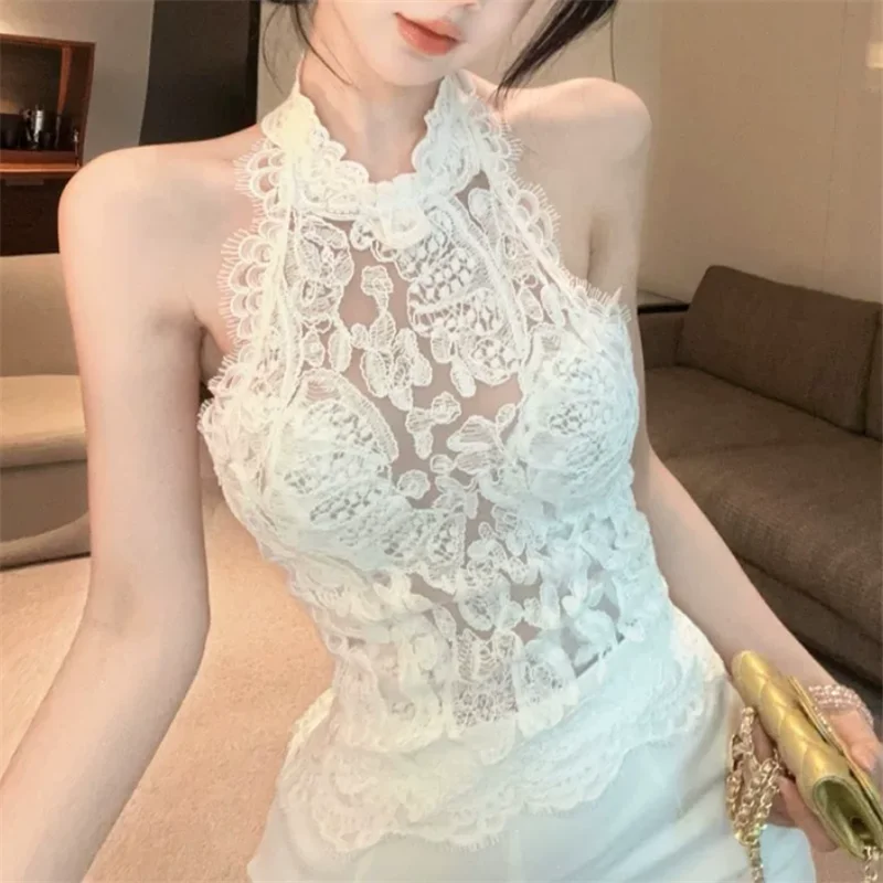 Spice Girl Halter Sheer White Lace Short Camis Vest New Summer Backless Transparent Mini Tank Top Off Shoulder Slim Thin Shirt