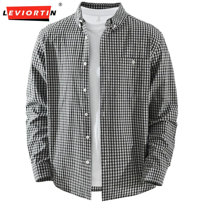 

Весенне-осенняя мужская японская модная универсальная литературная рубашка для отдыха, свободная и простая клетчатая рубашка с длинными рукавами, топ