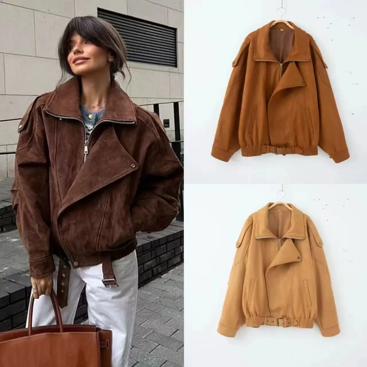 

Vintage Suede Jacket Women Belt Loose Lapel Zippers Pockets Outerwears Lantern Sleeve Brown Coats Lady 2025 Autumn Streetwear
