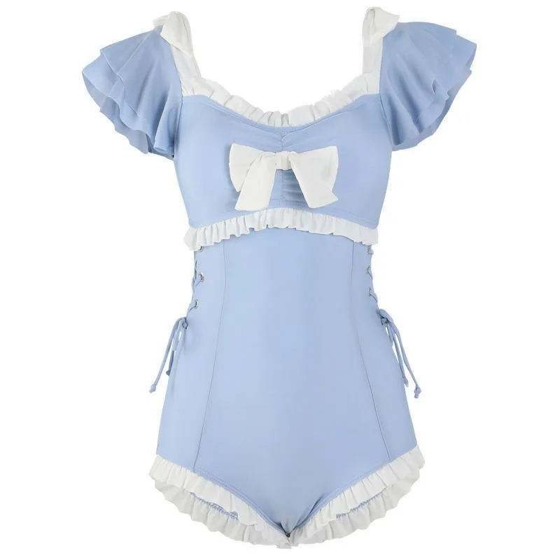 Sweet Light Blue Ruffle Sleeve One Piece Swimsuit with Bow Front Lace Up Side Frill Trim Modest Swimwear for Beach Pool Vacation - Image 6
