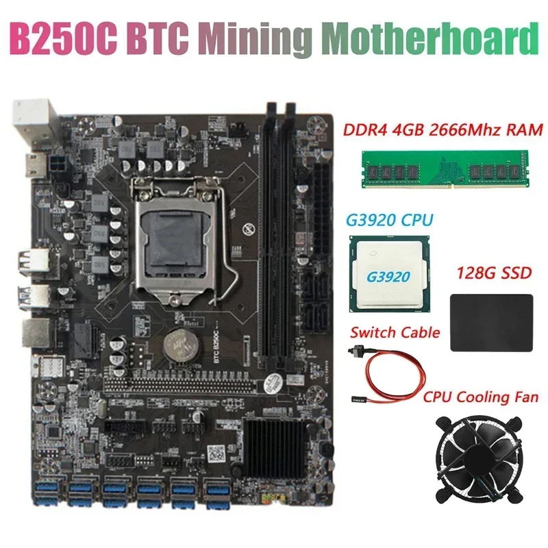 #For B250C BTC Miner Motherboard+G3920 or G3930 CPU CPU+Fan+DDR4 4GB 2666Mhz RAM+128G SSD+Cable 12XPCIE To USB3.0 Graphics Card