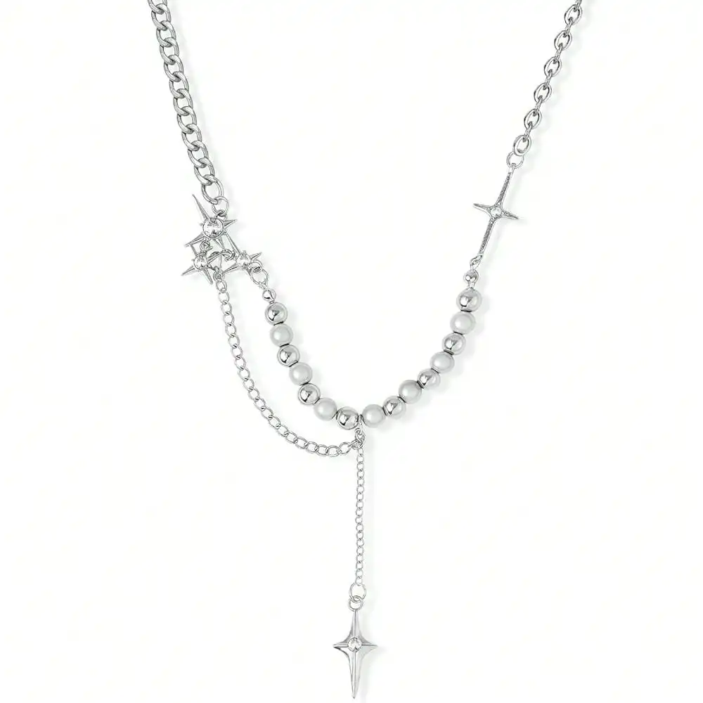 

Серебряное многослойное ожерелье с жемчужными бусинами и подвесками в виде звезд