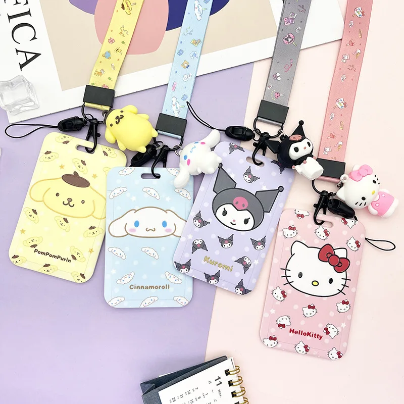 Hello Kitty Kuromi Card Holder Kawaii My Melody Cinnamoroll Anime Keychain Pendant Sanrio Card Protector with Lanyard Gifts