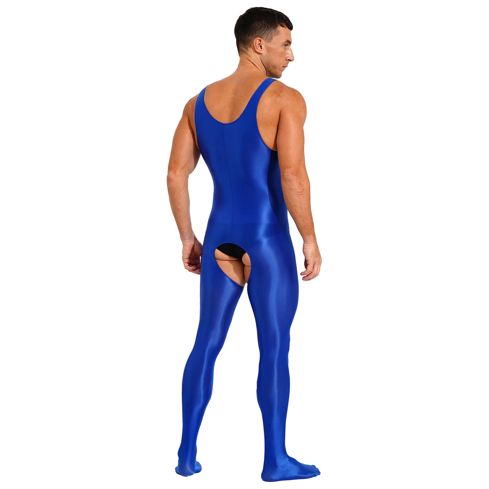 Mens Lingerie Crotchless Full Body Bodysuit Glossy Oilly Shiny Smooth Stretchy Sleeveless U Neck Open Crotch Footed Jumpsuit