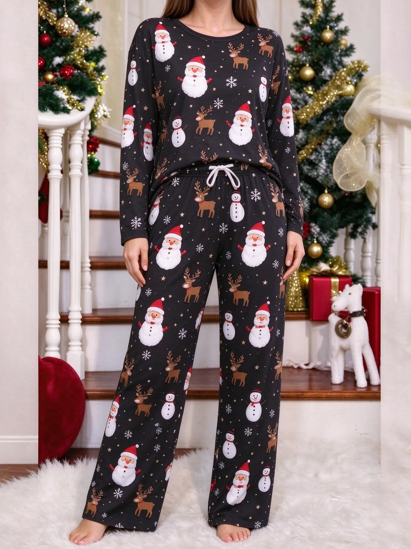 Women Imitation Cotton Loungewear Set Christmas Gingerbread Man with Santa Hat Candy Cane All Over Print Long Sleeve Pajamas view 2