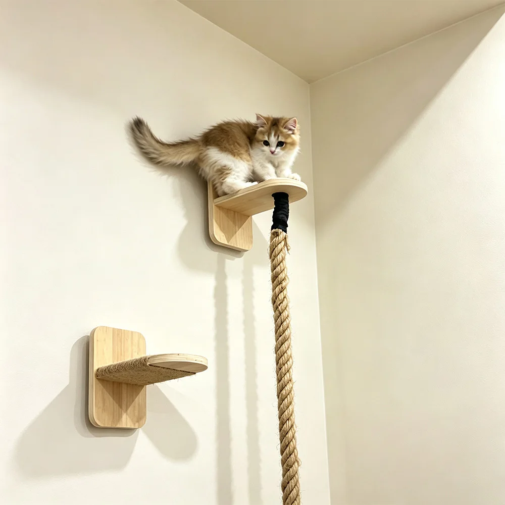 Wall-mounted ceiling cat climbing furniture with sisal rope and solid wood steps hook style, for cats to scratch and climb.