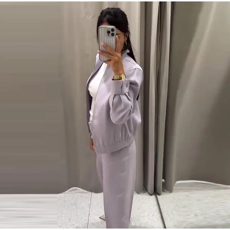 Damen-Hosenanzüge mit Rollkragen-Langarmjacken, Reißverschluss-Mänteln, Midi-Ballonhosen, Herbst-Outfits für Frauen, Einfarbig und Locker Geschnitten, Neu – Detail 10