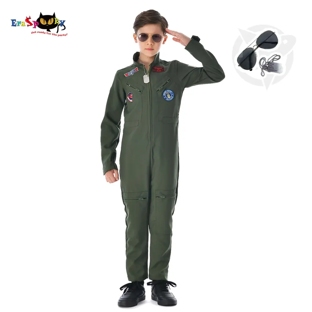 

Boy 80s Vintage Flight Suit Pilot Top Cosplay Jumpsuit Jacket Aviator Kids Halloween Costume Carnival Easter Purim Fancy Dress