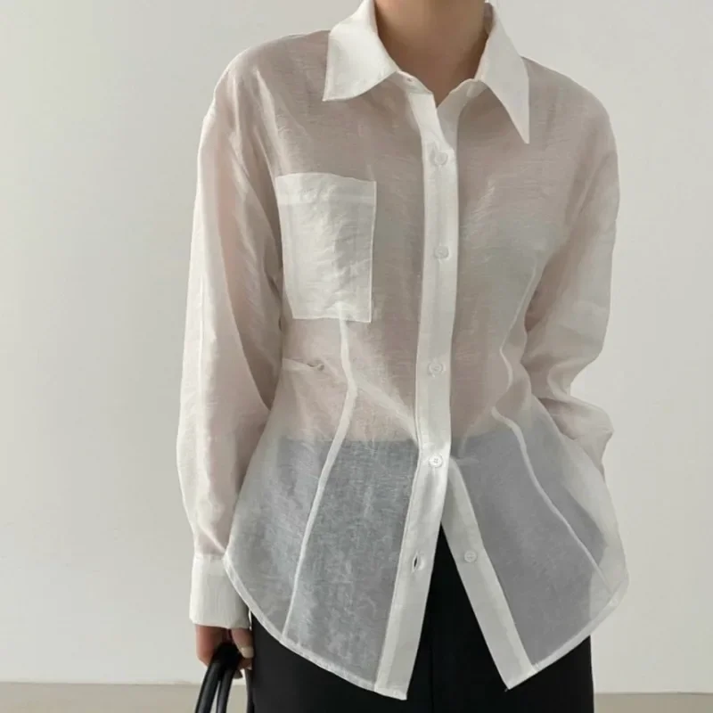 Loose Lapel Neck Shirts & Blouses Korean Chic Women 2024 Blusas Long Sleeve Ropa Mujer Lapel Camisas New Blusa with Camis