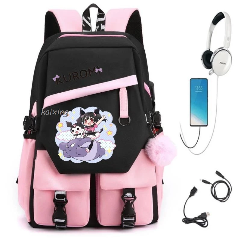 Hot Lovely Kuromi Melody Girls Boys Kids Usb Backpacks Cartoon School Book Bags Teenager Canvas Laptop Rucksack For Men Women