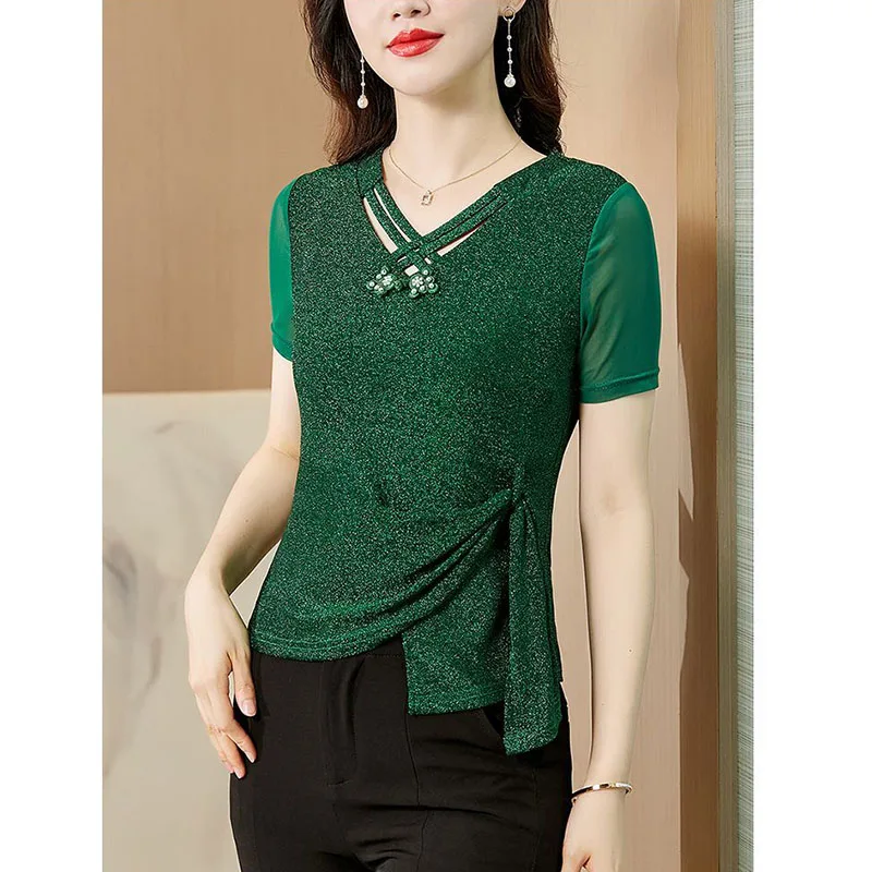 V-Neck Short-Sleeved T-Shirt Women's New Summer Fashion Temperament Irregular Unique And Unique Thin Coat Loose Versatile Shirt