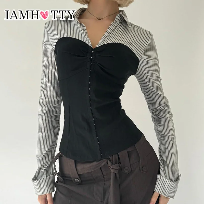 

IAMHOTTY Elegant Contrast Striped Shirt Women Chic Skinny Buckle-up Turn-down Collar Blouses Vintage High Streetwear Ladies Tops