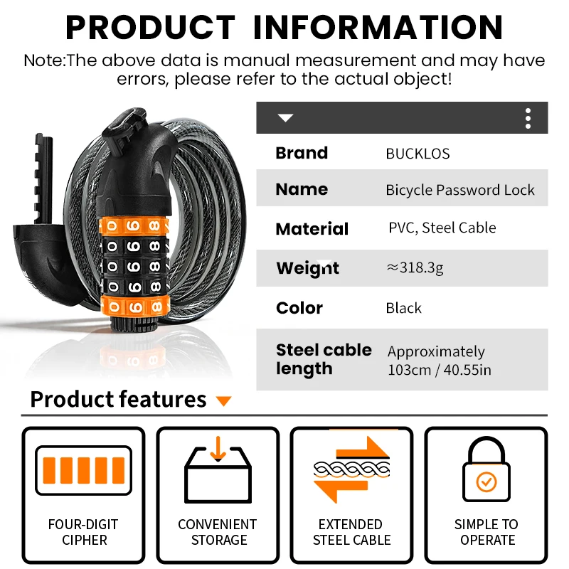 BUCKLOS Bicycle Cable Lock 5 Digit Code Safety Password Bicycle Locks Anti-theft Portable Electric Scooter Bike Lock