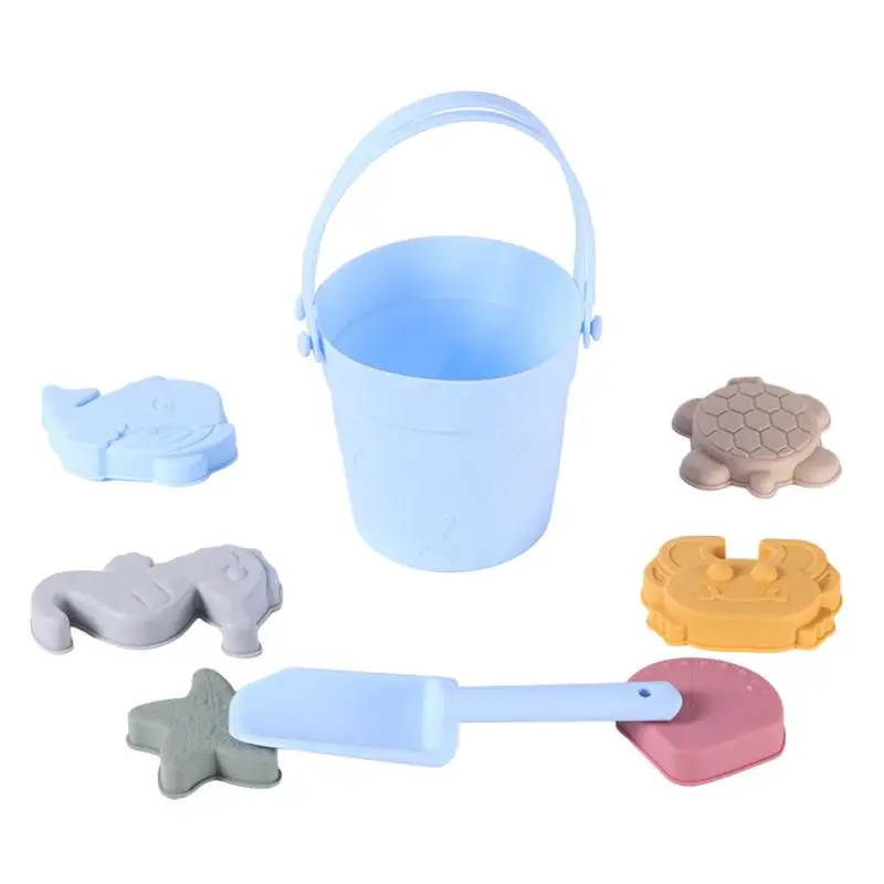 Conjunto de 8 brinquedos de praia de silicone ecológico para crianças, diversão, verão, ao ar livre, com balde