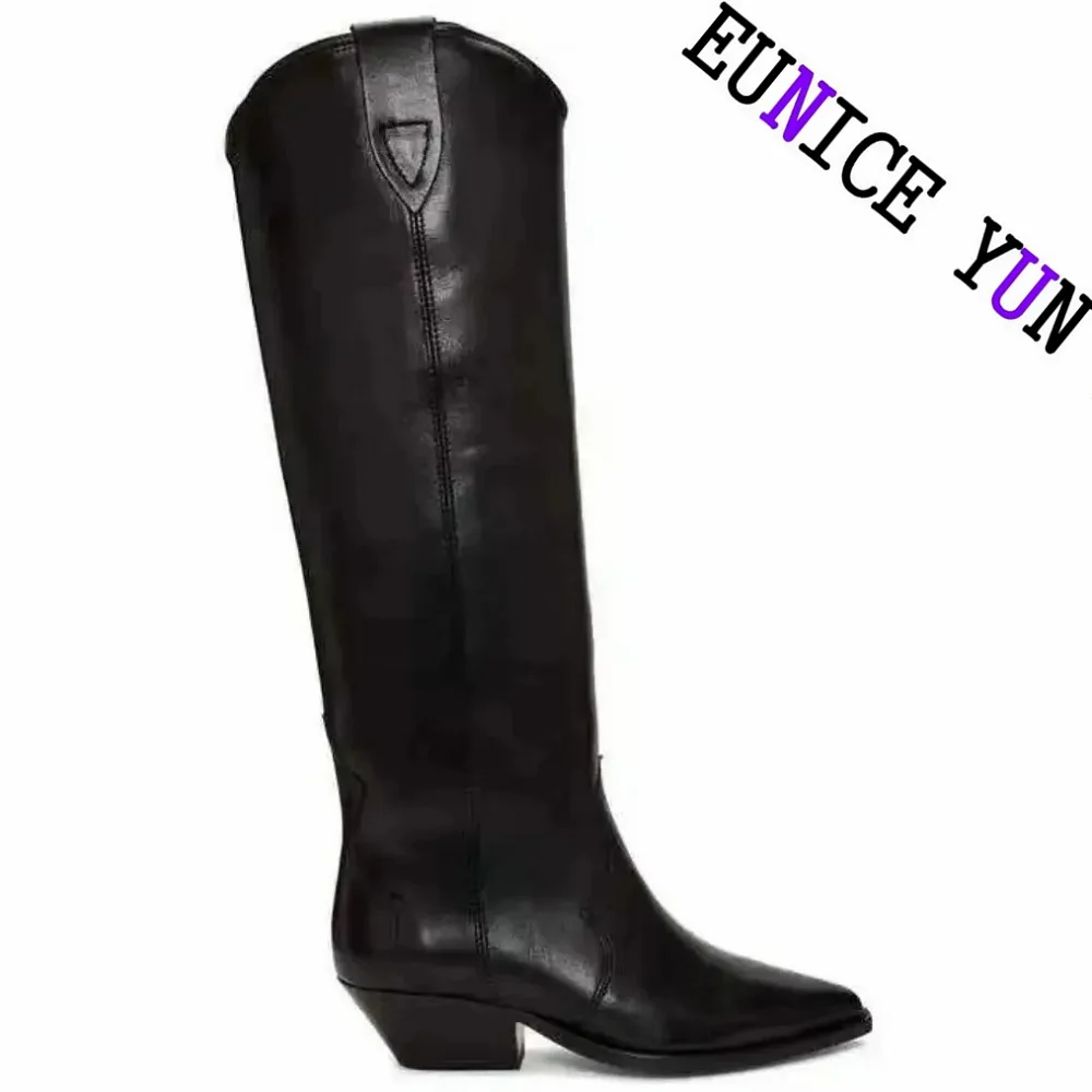 【EUNICE YUN】Brand Genuine Leather Women Riding Retro Slip-on Chunky Heel Knee High Boots Pointed Toe Autumn Ladies Motarcycle