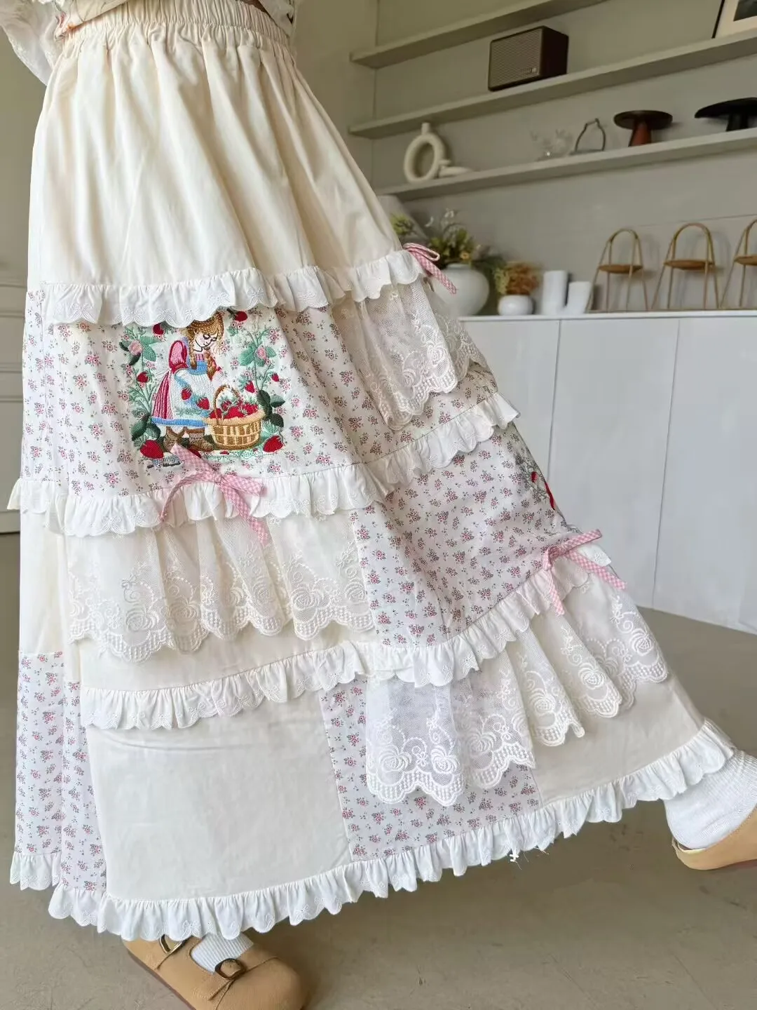 Vintage Embroidery Lace Ruffled A-Line Skirt Women Japanese Mori Girl High Waist French Kawaii Cotton Pleated Long Skirt faldas