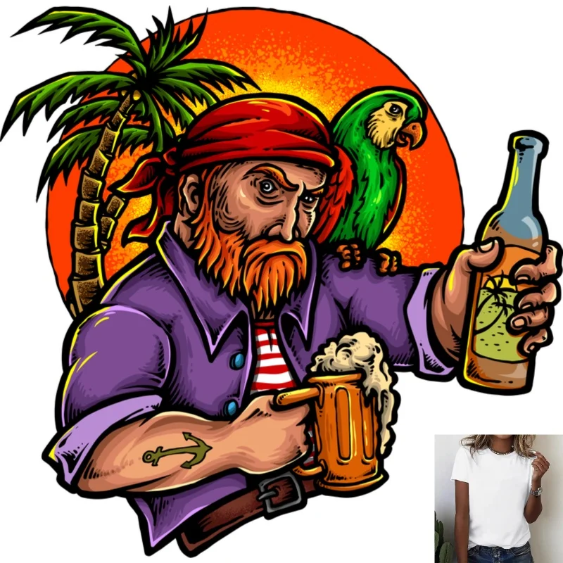 Vintage Pirate & Beer Themed Heat Transfer White Ink Iron - on, Suitable for T - Shirts/Canvas Bags, Casual Vacation Style,