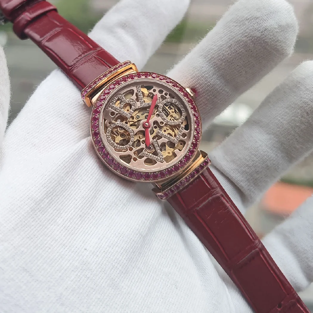 Oblvlo เคสนาฬิกาข้อมือผู้ชายโชว์กลไกสุดหรูสำหรับผู้หญิงสายหนังลูกวัวคริสตัลแซฟไฟร์หน้าปัดกันน้ำขนาด34มม.