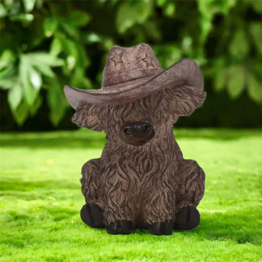 

With Cowboy Hat Highland Cow Figurine Rustic Resin Crafts Highland Bull Statue Realistic Animal Sculpture Home Living Room