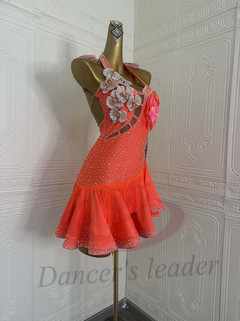 ملابس رقص اللاتينية AB Stone الإناث الكبار الأطفال الراقية مخصص الجوف زهرة فستان شرابة تنورة سوداء بركة فستان السامبا