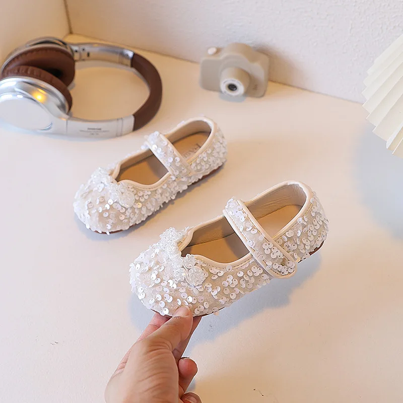 

Girls' Fashion Princess Flats Sequin Children’s Crystal Leather Shoes Soft Non Slip Soles Baby Kid’s Casual Shoes for Students