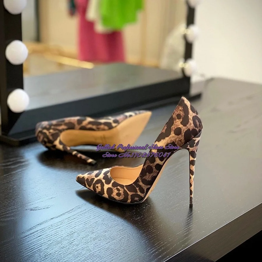 ALMUDENA Leopard Satin High Heel Dress Pumps 12CM 10CM 8CM Stilettos Slip-On Pointed Toe Wedding Shoes Shallow Sky High Heels