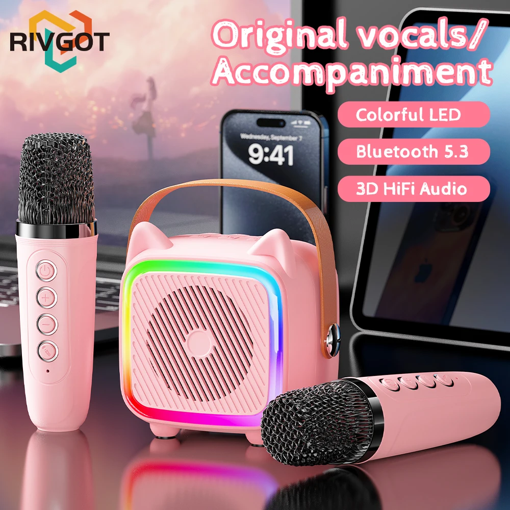 Wireless Dual Microphones Karaoke Machine KTV System Bluetooth 5.3 PA Speaker HIFI Stereo 3D Surround RGB Colorful LED Light