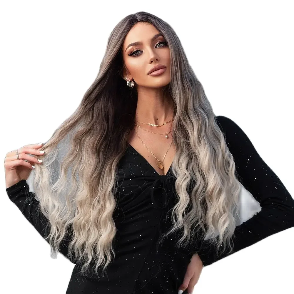 ALAN EATON Long Curly Wavy Synthetic Wigs for Women Brown to Blonde Ombre Hair Wig Ntural Middle Parted Party Wig Heat Resistant