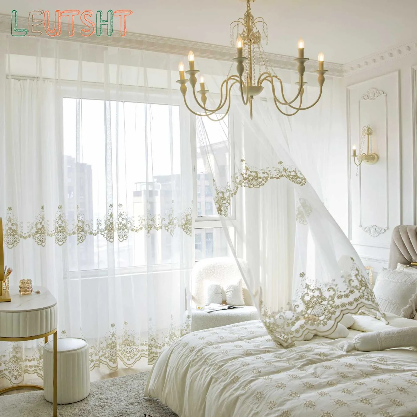 Custom Size European Classical Embroidery Tulle  White Transparent Curtains for Bedrooms Balconies Living Rooms Luxury Curtain