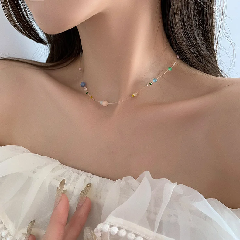 Necklace Double Layer Stackable Choker with Colorful Beads Invisible Fishing Line Translucent Lightweight Cute Daily