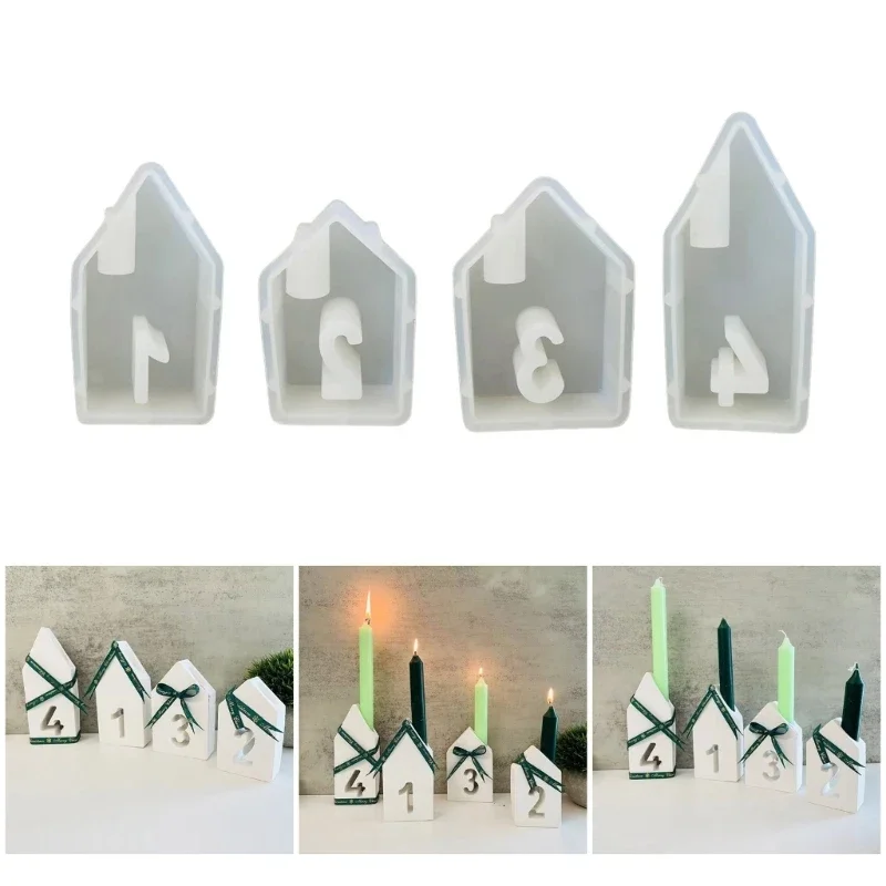 Set of 4 Ornament Moulds Silicone Crafting Mold Number House Resin Art Moulds Holder Mold for Candlestick