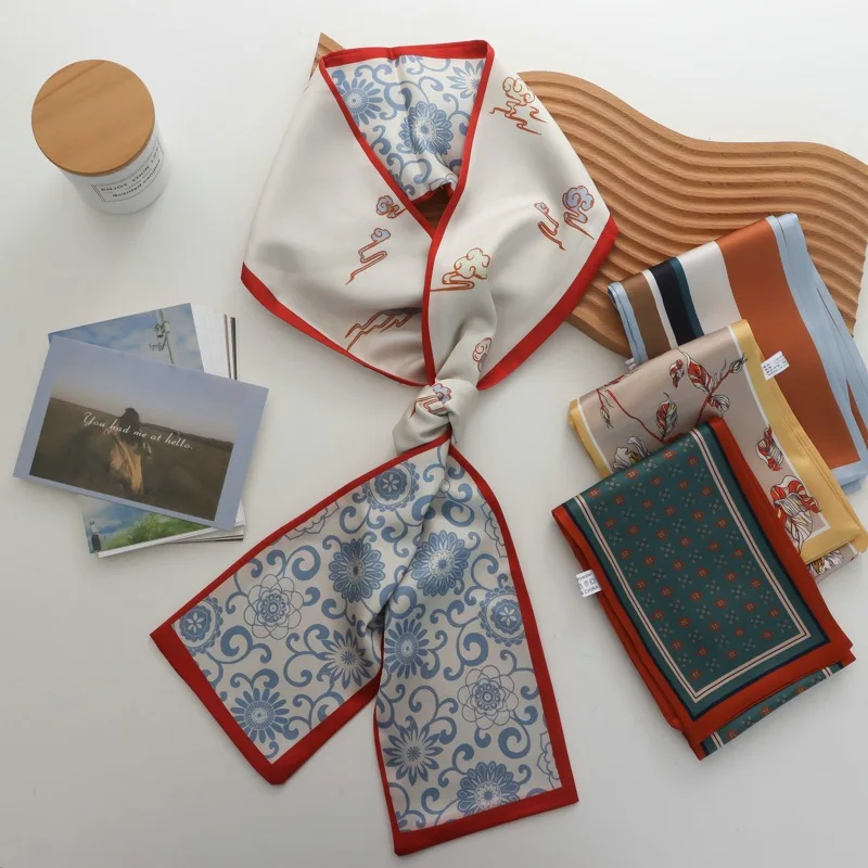 High-Grade Red Tie-Dyed Small Long Scarf Women's Spring Autumn Versatile Double-Sided Decorative Scarf Arm Bag Ribbon Hair Band